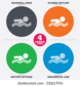 Diagonal and horizontal lines, classic outline, dotted texture. Swimming sign icon. Pool swim symbol. Sea wave. Pattern circles. Vector