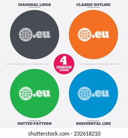 Diagonal and horizontal lines, classic outline, dotted texture. Domain EU sign icon. Top-level internet domain symbol with globe. Pattern circles. Vector