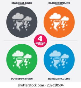 Diagonal and horizontal lines, classic outline, dotted texture. Storm bad weather sign icon. Clouds with thunderstorm. Gale hurricane symbol. Destruction and disaster from wind. Vector