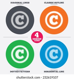 Diagonal and horizontal lines, classic outline, dotted texture. Copyright sign icon. Copyright button. Pattern circles. Vector