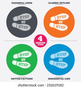 Diagonal and horizontal lines, classic outline, dotted texture. Step by step sign icon. Footprint shoes symbol. Pattern circles. Vector