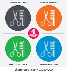 Diagonal and horizontal lines, classic outline, dotted texture. Comb hair with scissors sign icon. Barber symbol. Pattern circles. Vector