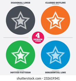 Diagonal and horizontal lines, classic outline, dotted texture. Star sign icon. Favorite button. Navigation symbol. Pattern circles. Vector