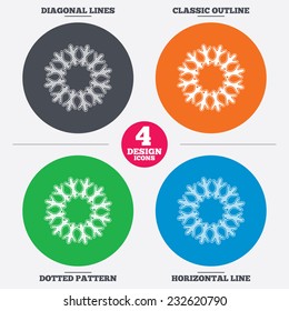 Diagonal and horizontal lines, classic outline, dotted texture. Snowflake artistic sign icon. Christmas and New year winter symbol. Air conditioning symbol. Pattern circles. Vector