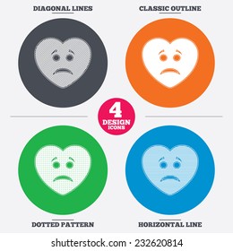 Diagonal and horizontal lines, classic outline, dotted texture. Sad heart face sign icon. Sadness depression chat symbol. Pattern circles. Vector