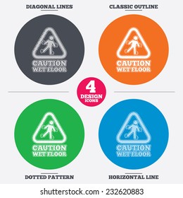 Diagonal and horizontal lines, classic outline, dotted texture. Caution wet floor sign icon. Human falling triangle symbol. Pattern circles. Vector