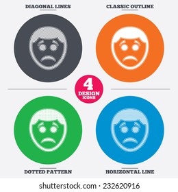 Diagonal and horizontal lines, classic outline, dotted texture. Sad face sign icon. Sadness depression chat symbol. Pattern circles. Vector