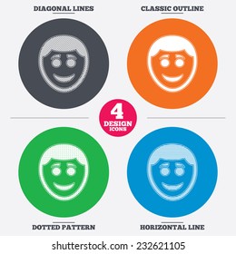 Diagonal and horizontal lines, classic outline, dotted texture. Smile face sign icon. Happy smiley with hairstyle chat symbol. Pattern circles. Vector
