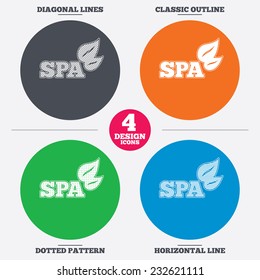 Diagonal and horizontal lines, classic outline, dotted texture. Spa sign icon. Spa leaves symbol. Pattern circles. Vector