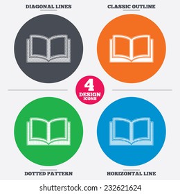 Diagonal and horizontal lines, classic outline, dotted texture. Book sign icon. Open book symbol. Pattern circles. Vector