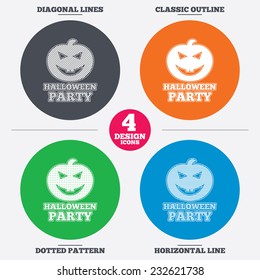 Diagonal and horizontal lines, classic outline, dotted texture. Halloween pumpkin sign icon. Halloween party symbol. Pattern circles. Vector