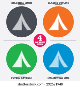 Diagonal and horizontal lines, classic outline, dotted texture. Tourist tent sign icon. Camping symbol. Pattern circles. Vector