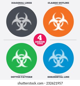 Diagonal and horizontal lines, classic outline, dotted texture. Biohazard sign icon. Danger symbol. Pattern circles. Vector