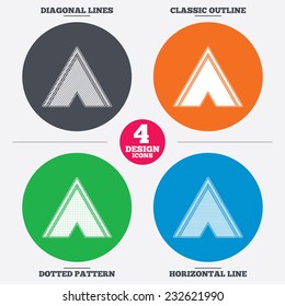 Diagonal and horizontal lines, classic outline, dotted texture. Tourist tent sign icon. Camping symbol. Pattern circles. Vector