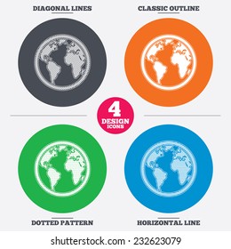 Diagonal and horizontal lines, classic outline, dotted texture. Globe sign icon. World map geography symbol. Pattern circles. Vector
