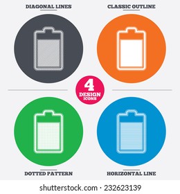 Diagonal and horizontal lines, classic outline, dotted texture. Battery level sign icon. Electricity symbol. Pattern circles. Vector