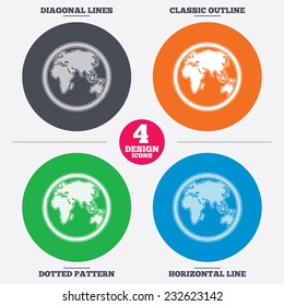 Diagonal and horizontal lines, classic outline, dotted texture. Globe sign icon. World map geography symbol. Pattern circles. Vector