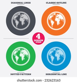 Diagonal and horizontal lines, classic outline, dotted texture. Globe sign icon. World map geography symbol. Pattern circles. Vector