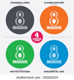 Diagonal and horizontal lines, classic outline, dotted texture. 8 March Women's Day sign icon. Holiday symbol. Pattern circles. Vector