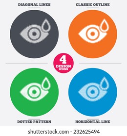 Diagonal and horizontal lines, classic outline, dotted texture. Eye with water drop sign icon. Drip into the eyes symbol. Pattern circles. Vector