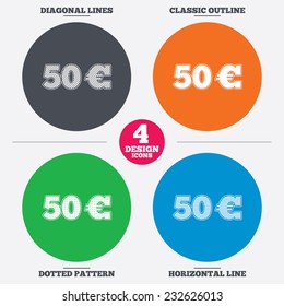 Diagonal and horizontal lines, classic outline, dotted texture. 50 Euro sign icon. EUR currency symbol. Money label. Pattern circles. Vector