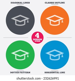 Diagonal and horizontal lines, classic outline, dotted texture. Graduation cap sign icon. Higher education symbol. Pattern circles. Vector