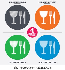 Diagonal and horizontal lines, classic outline, dotted texture. Eat sign icon. Cutlery symbol. Knife, fork and wineglass. Pattern circles. Vector