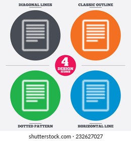 Diagonal and horizontal lines, classic outline, dotted texture. Text file sign icon. File document symbol. Pattern circles. Vector