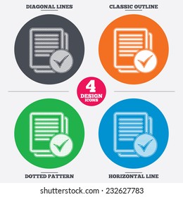 Diagonal and horizontal lines, classic outline, dotted texture. Text file sign icon. Check File document symbol. Pattern circles. Vector