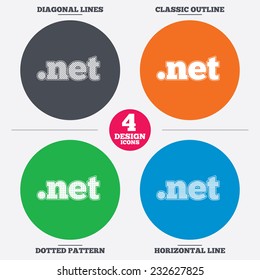 Diagonal and horizontal lines, classic outline, dotted texture. Domain NET sign icon. Top-level internet domain symbol. Pattern circles. Vector