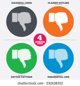 Diagonal and horizontal lines, classic outline, dotted texture. Dislike sign icon. Thumb down sign. Hand finger down symbol. Pattern circles. Vector