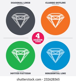 Diagonal and horizontal lines, classic outline, dotted texture. Diamond sign icon. Jewelry symbol. Gem stone. Pattern circles. Vector