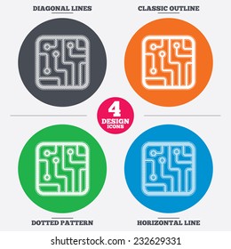 Diagonal and horizontal lines, classic outline, dotted texture. Circuit board sign icon. Technology scheme square symbol. Pattern circles. Vector