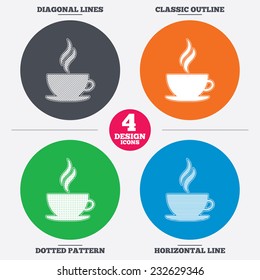 Diagonal and horizontal lines, classic outline, dotted texture. Coffee cup sign icon. Hot coffee button. Hot tea drink with steam. Pattern circles. Vector