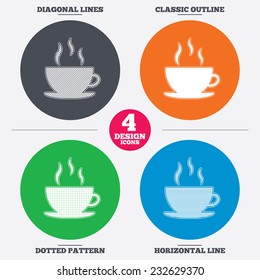 Diagonal and horizontal lines, classic outline, dotted texture. Coffee cup sign icon. Hot coffee button. Pattern circles. Vector
