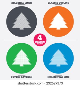 Diagonal and horizontal lines, classic outline, dotted texture. Christmas tree sign icon. Holidays button. Pattern circles. Vector