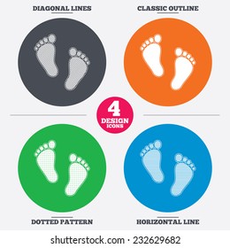 Diagonal and horizontal lines, classic outline, dotted texture. Child pair of footprint sign icon. Toddler barefoot symbol. Baby's first steps. Pattern circles. Vector