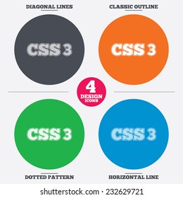 Diagonal and horizontal lines, classic outline, dotted texture. CSS3 sign icon. Cascading Style Sheets symbol. Pattern circles. Vector