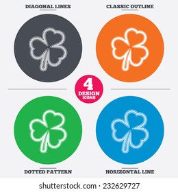 Diagonal and horizontal lines, classic outline, dotted texture. Clover with three leaves sign icon. Trifoliate clover. Saint Patrick trefoil symbol. Pattern circles. Vector
