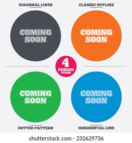 Diagonal and horizontal lines, classic outline, dotted texture. Coming soon sign icon. Promotion announcement symbol. Pattern circles. Vector