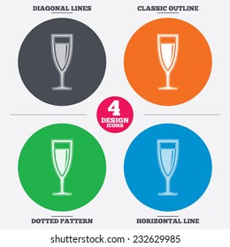 Diagonal and horizontal lines, classic outline, dotted texture. Glass of champagne sign icon. Sparkling wine. Celebration or banquet alcohol drink symbol. Pattern circles. Vector