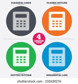 Diagonal and horizontal lines, classic outline, dotted texture. Calculator sign icon. Bookkeeping symbol. Pattern circles. Vector