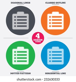 Diagonal and horizontal lines, classic outline, dotted texture. Checklist sign icon. Control list symbol. Survey poll or questionnaire form. Pattern circles. Vector