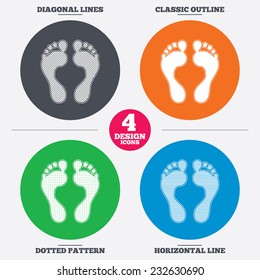 Diagonal and horizontal lines, classic outline, dotted texture. Human footprint sign icon. Barefoot symbol. Foot silhouette. Pattern circles. Vector