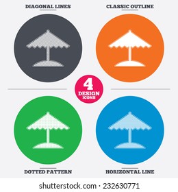 Diagonal and horizontal lines, classic outline, dotted texture. Beach umbrella sign icon. Protection from the sun. Pattern circles. Vector