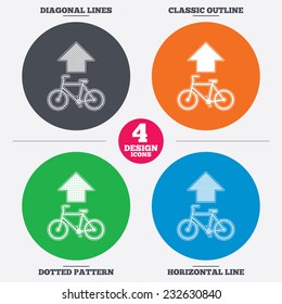 Diagonal and horizontal lines, classic outline, dotted texture. Bicycle path trail sign icon. Cycle path. Up straight arrow symbol. Pattern circles. Vector