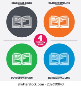 Diagonal and horizontal lines, classic outline, dotted texture. Book sign icon. Open book symbol. Pattern circles. Vector