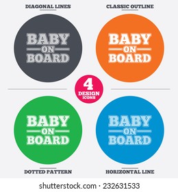 Diagonal and horizontal lines, classic outline, dotted texture. Baby on board sign icon. Infant in car caution symbol. Pattern circles. Vector