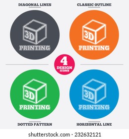 Diagonal and horizontal lines, classic outline, dotted texture. 3D Print sign icon. 3d cube Printing symbol. Additive manufacturing. Pattern circles. Vector