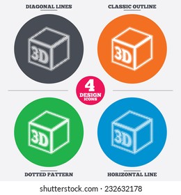 Diagonal and horizontal lines, classic outline, dotted texture. 3D Print sign icon. 3d cube Printing symbol. Additive manufacturing. Pattern circles. Vector